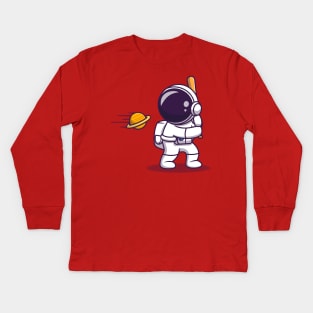 Cute Astronaut Hit Planet Ball With Baseball Stick Cartoon Kids Long Sleeve T-Shirt